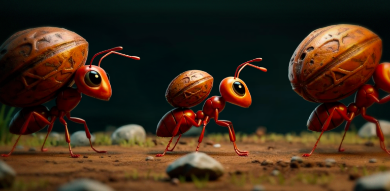 Illustrations avec des fourmis qui préparent des réserves pour l'hiver de la même façon qu'on met de l'argent de côté pour épargner.