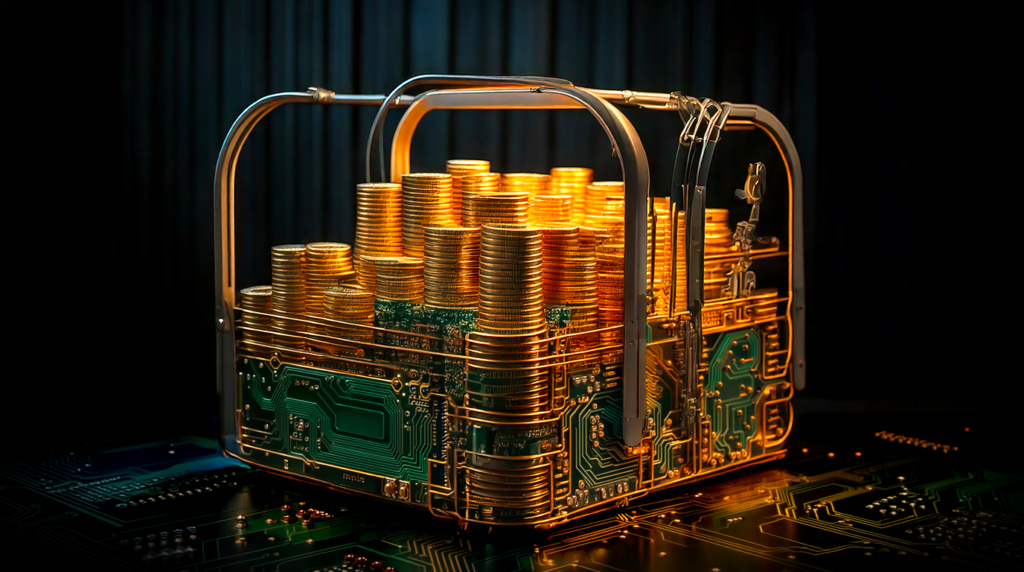 Illustration de la crypto-monnaie avec des pièces dans une mallette futuriste