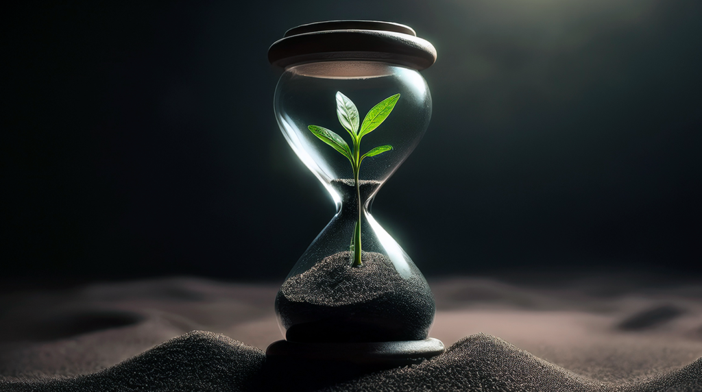 Image illustrant une plante qui pousse dans un sablier afin d'imager l'importance que joue le temps dans le domaine de l'investissement.