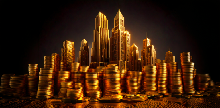 Crypto-monnaie ou bourse : lequel choisir ? Cette illustration représente la bourse par les building et la crypto-monnaie par les pièces de monnaie