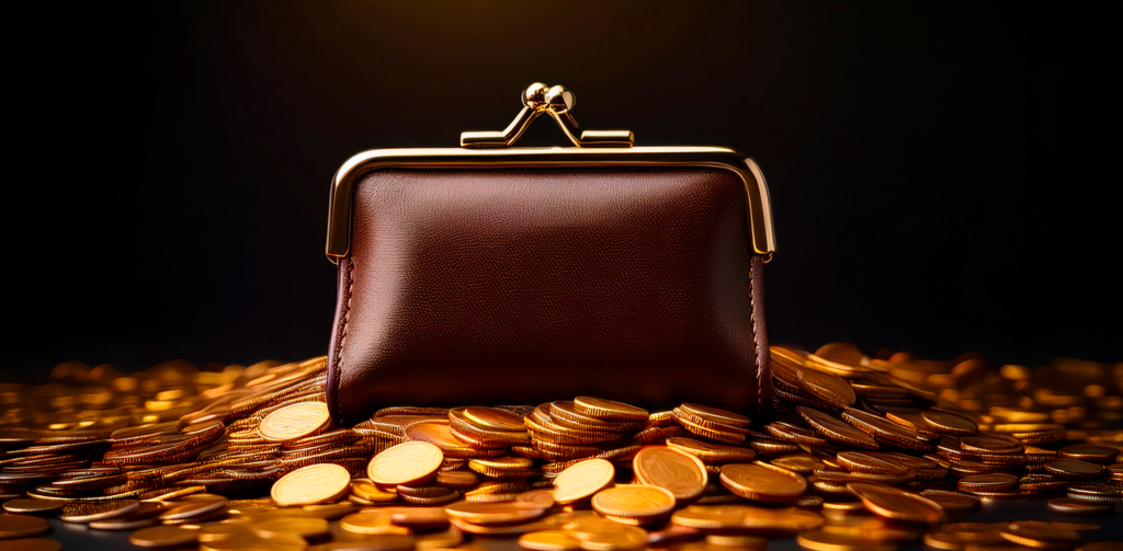 Image d'une porte monnaie entouré de petites pièces pour imager le fait de débuter en bourse avec moins de 100 euros.