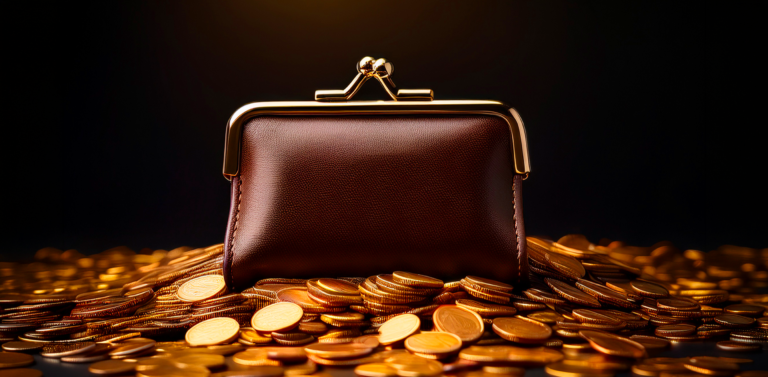 Image d'une porte monnaie entouré de petites pièces pour imager le fait de débuter en bourse avec moins de 100 euros.